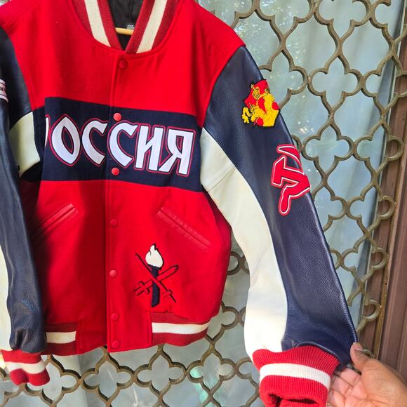 NWT Opening Ceremony Unisex Russia Varsity Jacket L Red Flag Patch Wool Leather - Picture 5 of 12